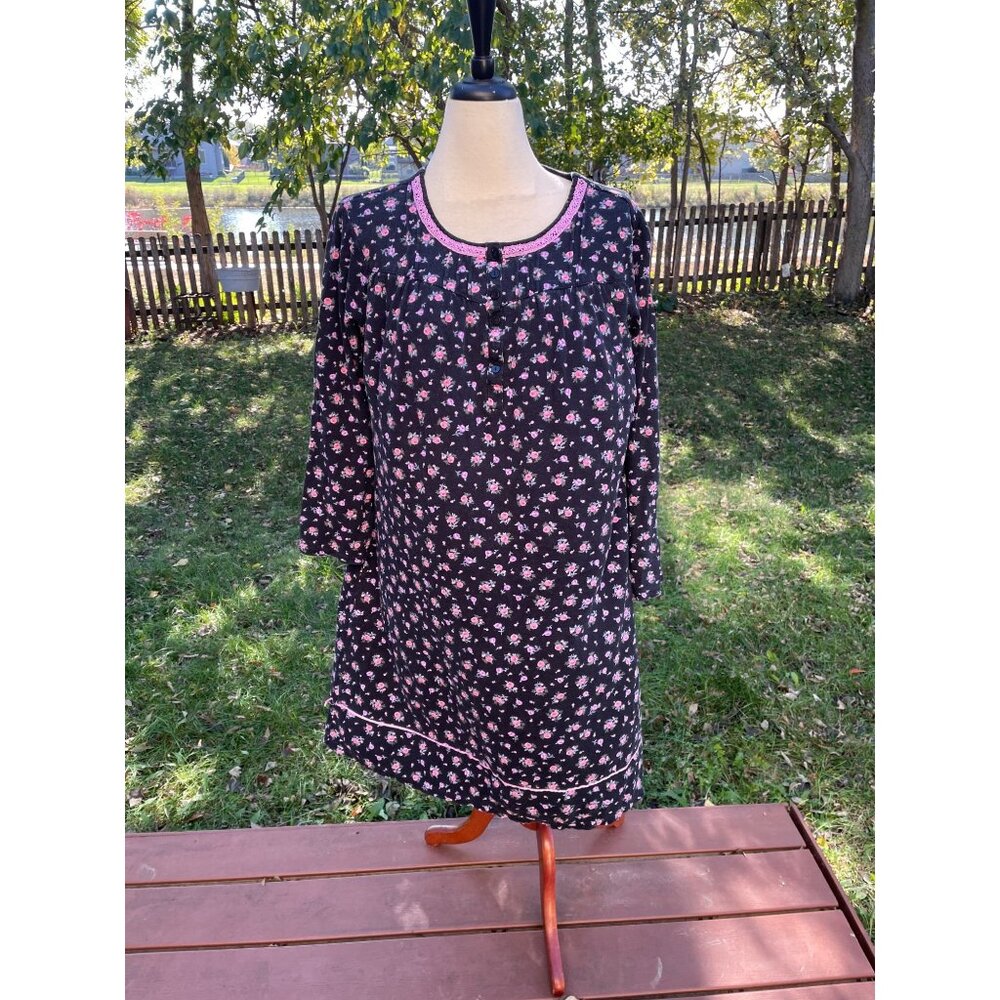Nightgown XL Black Pink Lace Accents 100% Cotton Simply Basic Womens Floral